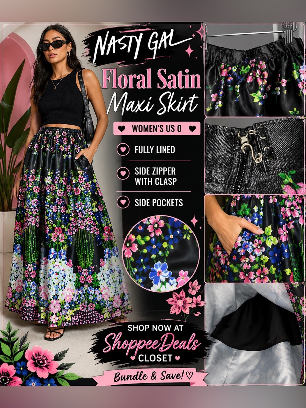 Nasty Gal Floral Satin Maxi Skirt Black Pink Green Blue – Women’s US 0